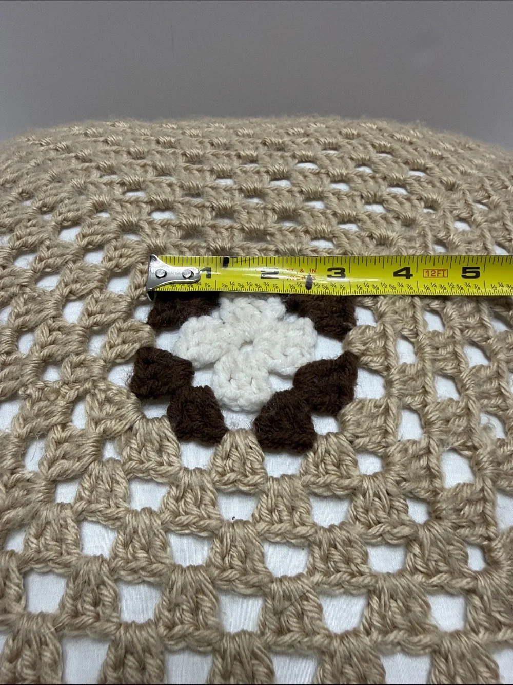 Neutral Crochet Square Pillow with Center Flower Motif
